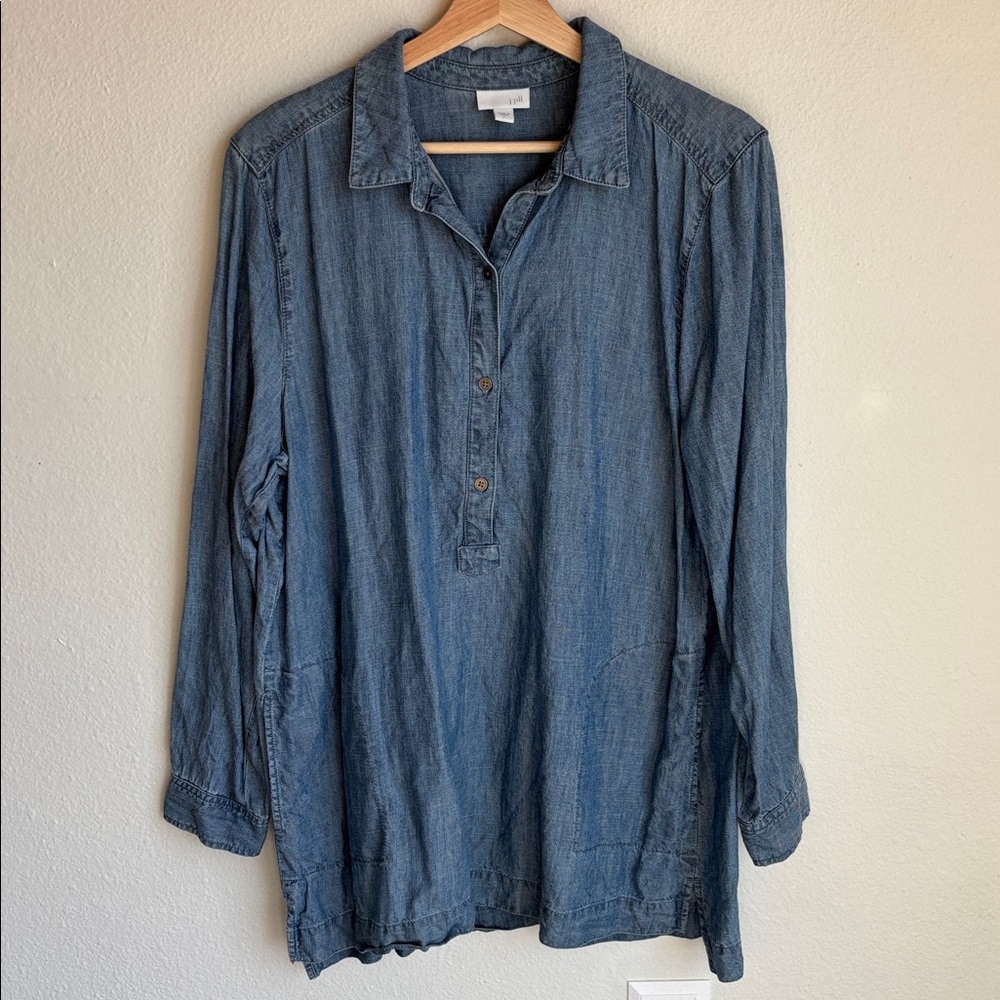 J. JILL Chambray Long Sleeve Collared Linen Blend  Chambray Tunic  Large